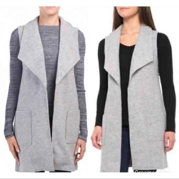 Tahari Long Open Front Grey Wool Duster Cardigan Sweater. Size Medium. - Picture 1 of 10